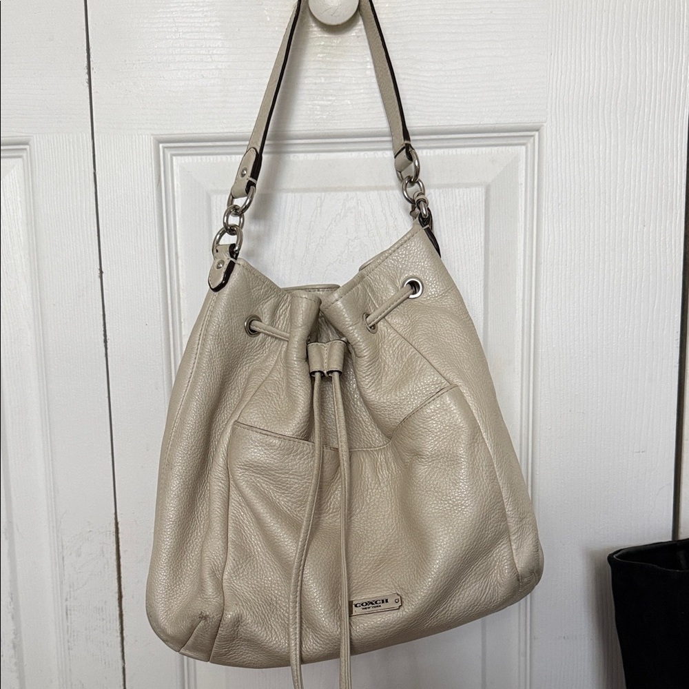 Coach Pebble Leather Drawstring Shoulder Bag in Light Taupe